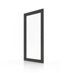 Une porte noire avec une poignée blanche sur un fond blanc.